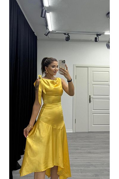 Daves Asymmetrical Midi Length Yellow Satin Dress