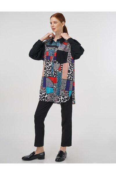 Kayra Patterned Tunic Collar Tunic Ka-B25-21222 - Black