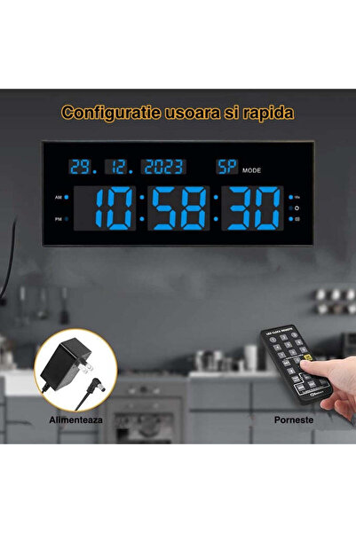 VTM Ceas Digital cu Cronometru, LED Albastru, Calendar, Timer, Alarmă, 32x12cm
