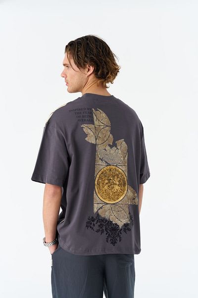 fame-stoned Tricou unisex gri 100% bumbac cu imprimeu realist și broderie