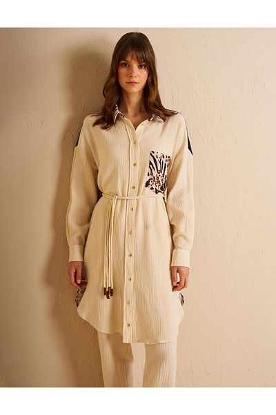 Kayra Animal Print Patterned Muslin Tunic Ka-B25-21196 - Cream
