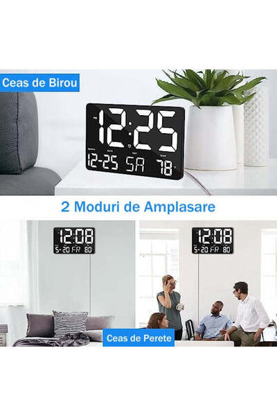 VTM Digital Table and Wall Clock, White LED, Calendar, Temperature, Alarm, Snooze, 25x16cm