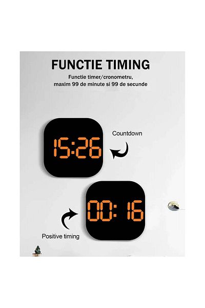 VTM Ceas Digital de Masa si Perete cu LED Portocaliu, Calendar, Cronometru, Alarma, Snooze, 32x32cm