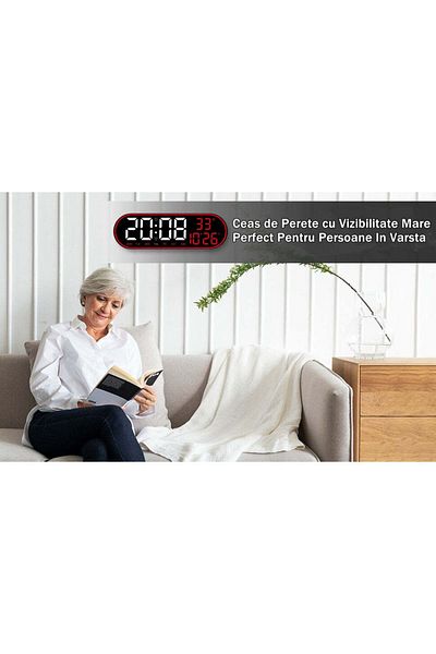 VTM Ceas Digital de Perete Oval cu LED Rosu, Calendar, Cronometru, 2 Alarme, Termometru, Telecomanda