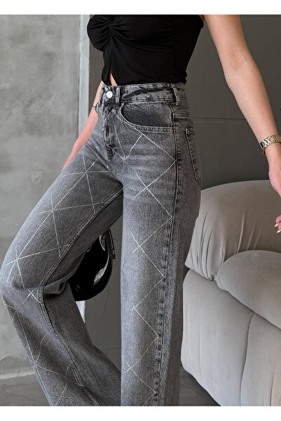 Bluezoni Women's Smoked Shiny Stone Special Design Denim Straight Palazzo Jeans