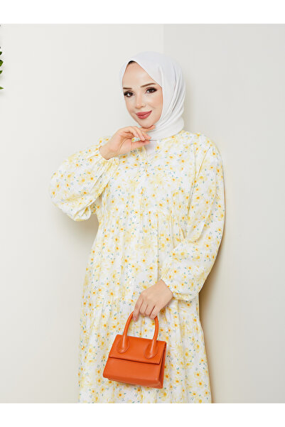 KMKkombin KADIN YAZLIK TREND DESEN MANGO KUMAŞ DÜĞMELİ ELBİSE
