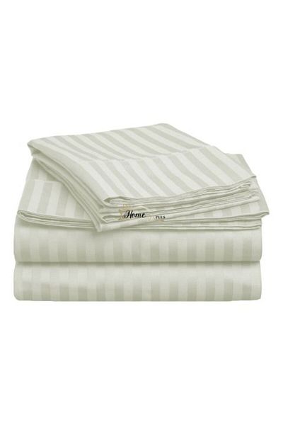 HomePuls Fitted Bed Sheet Damask Cotton 100% Stripe 1 cm, 210 x 250 cm for Mattress 160 x 200 cm, Light Cream