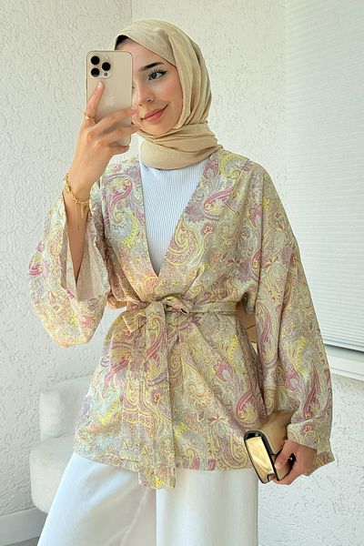 Salih Çelebi Shawl Pattern Belted Kimono 2375 - Yellow