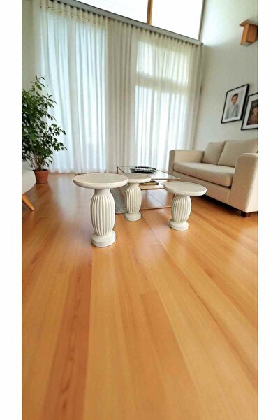 Simillo Home&Living Ahşap Mantar Sehpa 3’lü Set – Krem Renk Modern Yan Sehpa ...