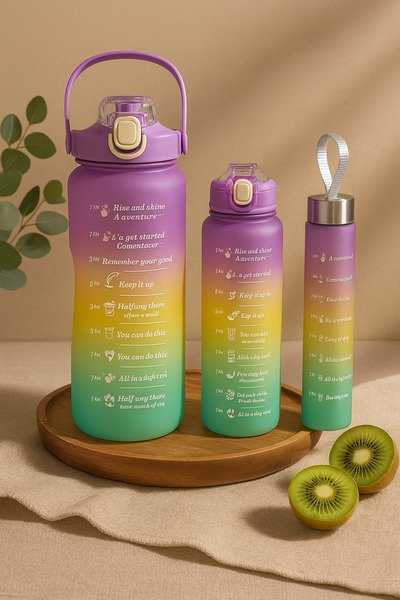 QUİCKPREP PAPATYALI Motivasyonel 3 lü Set Su Matarası 2 lt+900 ml+500 ml Tritan Spor Salonu Suluk