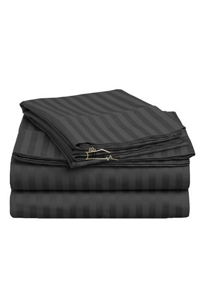 HomePuls Bed Sheet with Elastic Damask Cotton 100% Stripe 1 cm, 190 x 250 cm for Mattress 140 x 200 cm, Black