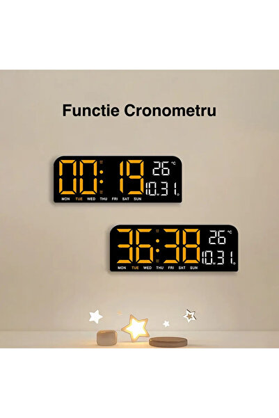 VTM Orange Digital Clock with LED, Calendar, Stopwatch, Thermometer, Alarm, Snooze, 24x9cm