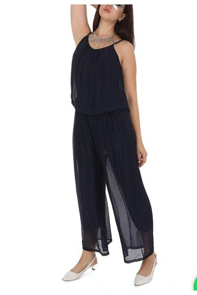 İTALYAN Assa Women's Strap Silk Black Standard Size Jumpsuit