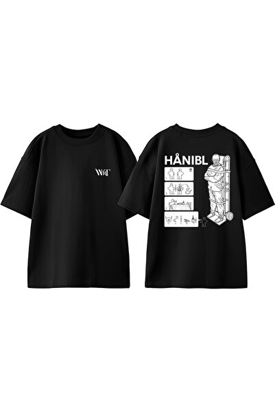 THEWERT Tricou oversize negru din bumbac cu imprimeu pe spate Hannibal Design