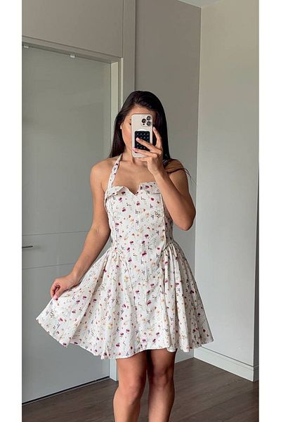 Bleu Petite Gipeli Crepe Fabric Floral Patterned Short Women's Dress