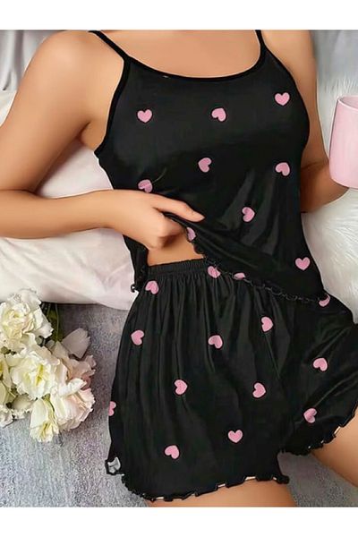 BALDOMERO Women's Black Heart Patterned Nightgown Pajama Set