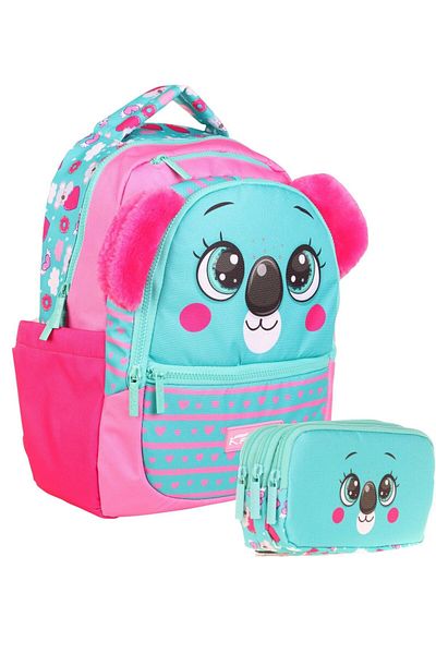KAUKKO School Bag and Three Compartment Pen Holder Set - Green Red - Cute Koala Shaped