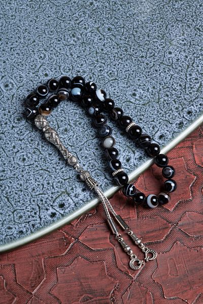 Saff Doğal Taş Certified Black Eye Agate Metal Imam Tassel Prayer Beads