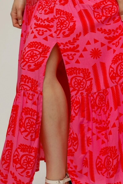 EN WOMAN Viscose Fabric Pink Red Patterned Long Skirt with Ruffles and Slits