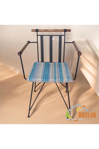 DÜŞLER EV TEKSTİLİ 40X40 Blue Gray Striped Water and Stain Repellent Zippered Lace Cappuccino Piping Chair Cushion 4 cm