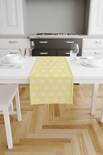 ASDİVA Daisy Yellow Background Daisy Patterned Runner – White Flowers with Orange Medium Detail 40X140 cm