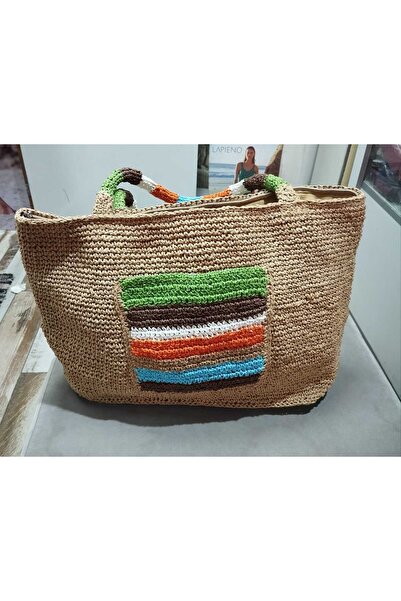 HANMADE Paper Rope Hand Knitted Pocket Detailed Beach Bag