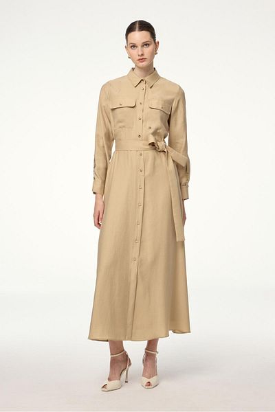 Zühre Buttoned Belted Beige Dress E-0498