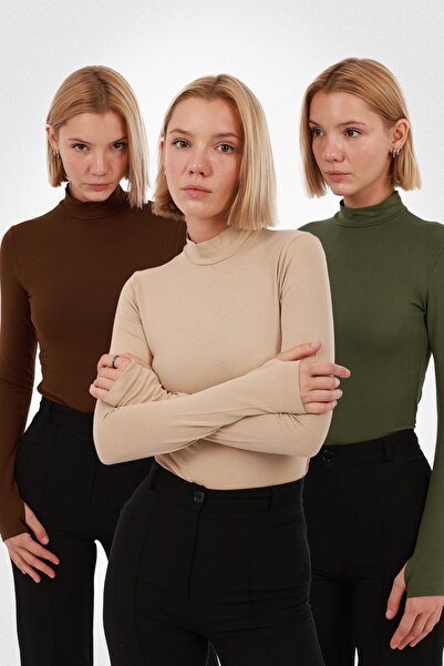 Yade Fashion Kadın Parmak Detaylı Body 3’lü Set – Kahverengi Ekru Haki