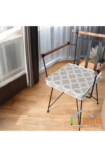 DÜŞLER EV TEKSTİLİ 40X40 Gray Pattern Water and Stain Repellent Zippered Lace White Piping Chair Cushion 5 cm