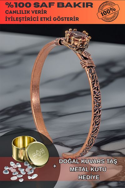 OSMANLI GÜMÜŞ Women's Copper Bracelet - Zultanite Stone Tree Bark Model Thin Metal Box Quartz Stone Bracelet