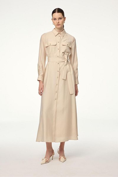 Zühre Button Closure Belted Long Stone Dress E-0498
