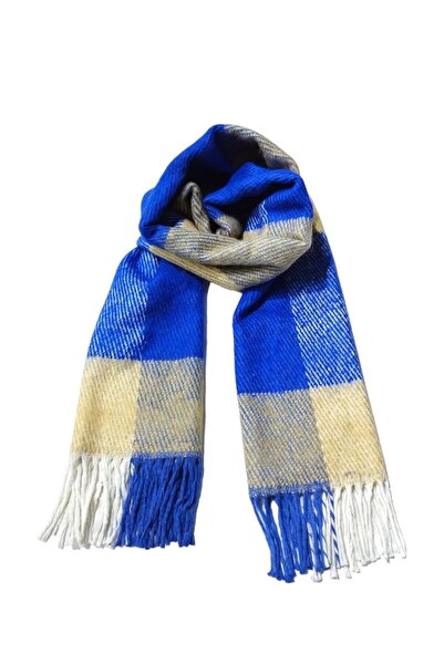 Cesicey Beige Blue Plaid Patterned Soft Winter Shawl