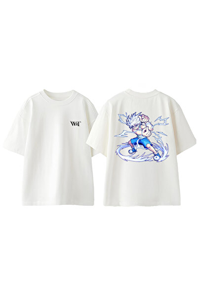 THEWERT Tricou oversize alb din bumbac cu imprimeu pe spate Killua Hunter X H...