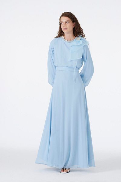 Zühre Blue Chiffon Dress with Stone Collar and Bow Detail E-0288