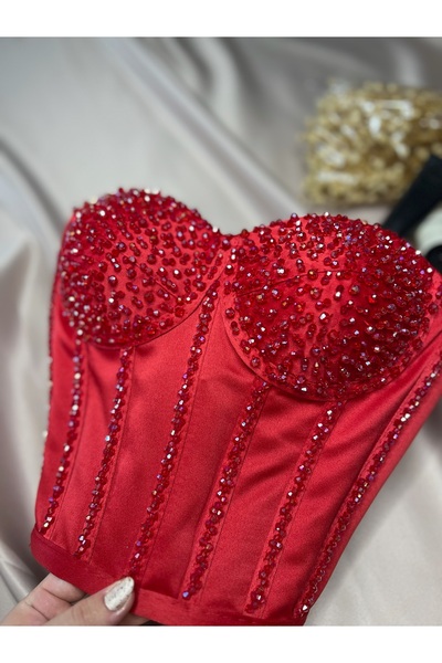 Metay Design Satin Full Stone Embroidered Corset Bustier Stone Model