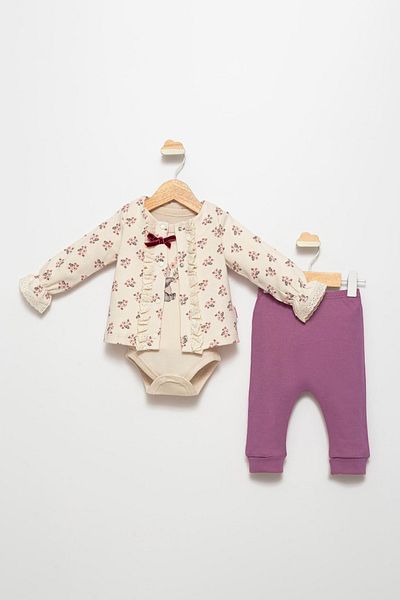 Fulla Moda 100% Cotton Floral Patterned Ruffle 3-Piece Girl's Set