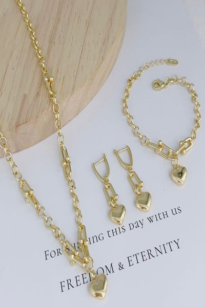 DEMOKAN Kadın 3'lü Set 14k Altın Renk Marka Doç Zincir Balon Kalp Set