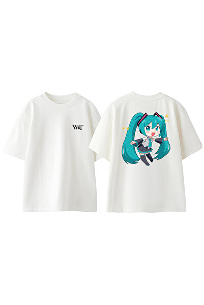 THEWERT Tricou oversize alb din bumbac cu imprimeu pe spate Hatsune Miku 1