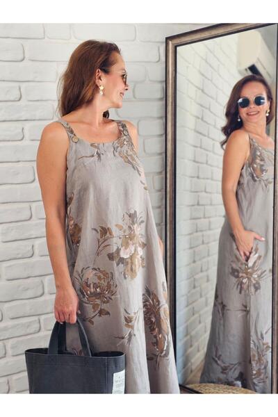 Felix Butik FELİX13933 Çiçek Desenli İthal Keten Vizon Salopet Elbise