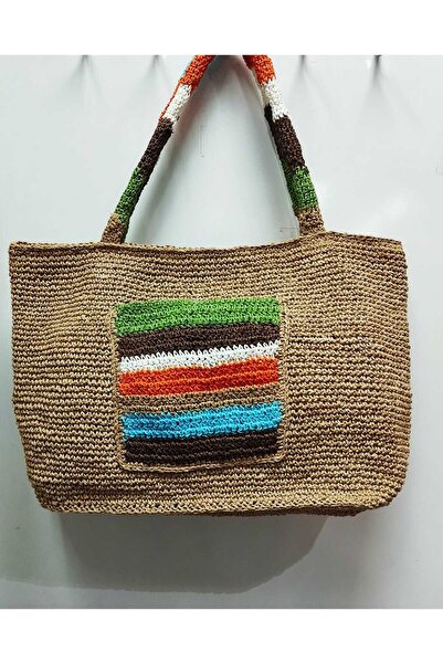 HANMADE Paper Rope Hand Knitted Pocket Detailed Beach Bag
