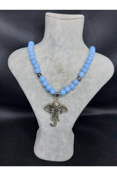 MRYart Blue Glass Beaded Elephant Figured Necklace