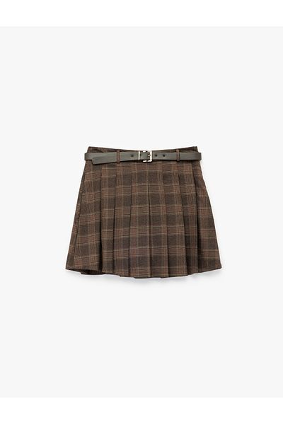 Koton Plaid Belted Pleated Mini Shorts Skirt