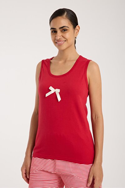 Akbeniz Set de pijamale pentru femei cu panglică roșie și pantaloni scurți cu dungi