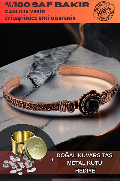OSMANLI GÜMÜŞ Women's Copper Bracelet - Onyx Stone Round Tree Bark Model Thin Metal Box Quartz Stone Bracelet