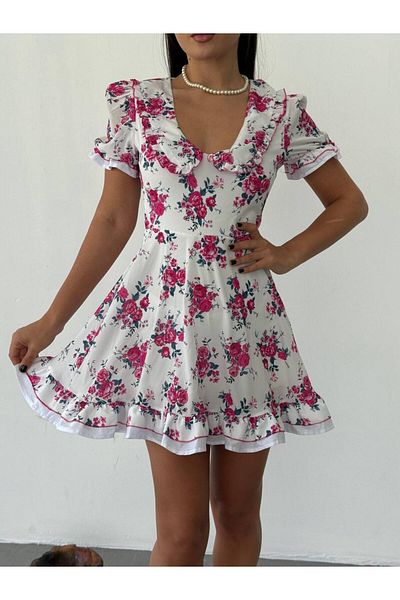 Bleu Petite Floral Pattern Lined Crepe Fabric Short Women's Dress
