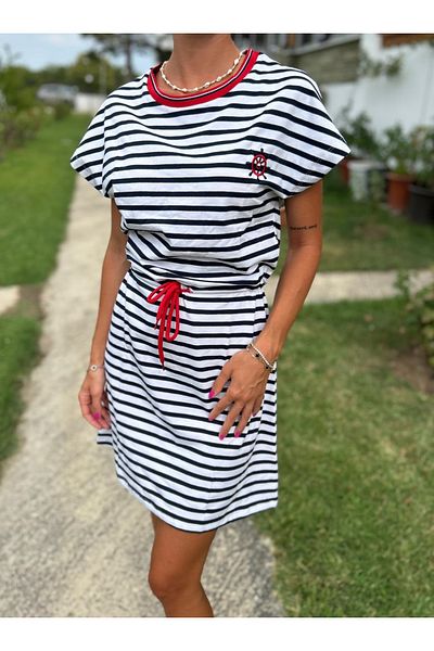 MERİCEY Rochie de damă cu mâneci scurte în dungi - Rochie casual de vară confortabilă cu șireturi în talie