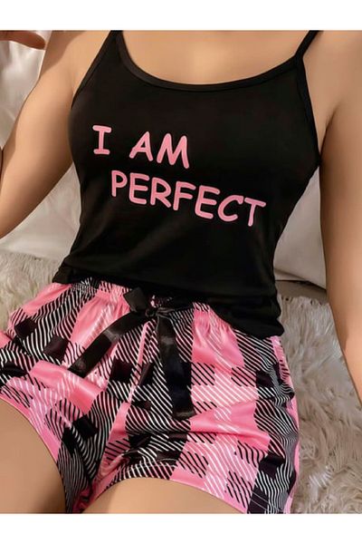 BALDOMERO Women's Black Square Patterned Strap Shorts Pajama Set