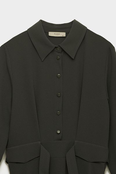 Zühre Button Detailed Pleated Long Anthracite Dress E-0441