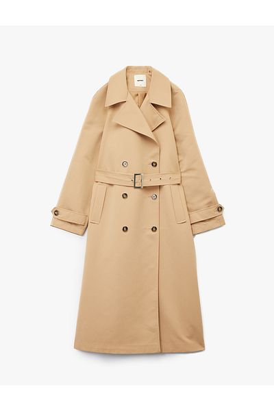 Koton Lined Long Sleeve Pocket Belted Double Breasted Trench Coat