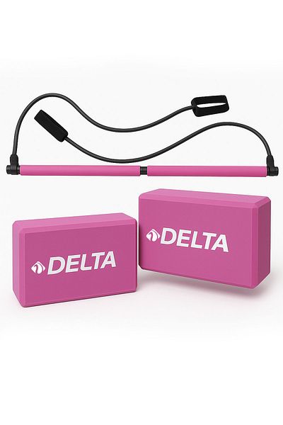 Delta Set de Yoga și Băț de Stretching Gimnastică + 2 Seturi de Blocuri Yoga Pilates Roz